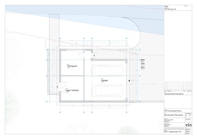 Etasjeplan (1. etasje) som viser romfordeling (treningssrom, lager/verksted, garasje) med mål og dimensjoner.