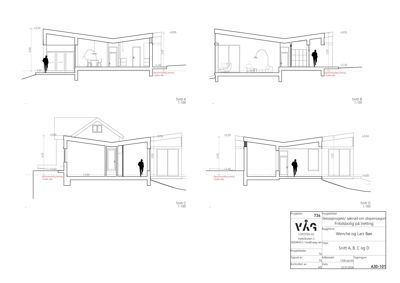 Snittegning (Snitt A, B, C og D) som viser tverrsnitt gjennom en planlagt fritidsbolig med høydemål og innvendig oppriss.