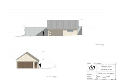 Fasadetegning som viser bygningens utseende fra nord og vest med mål og høyder.