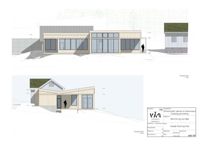 Bildet viser fasadetegninger (Nord og Vest) for en nybygget bolig, inkludert detaljer om materialer, vinduer og høyder.