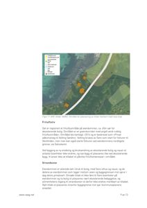 Kart over et område med vegetasjon og en vei, inkludert en rosa linje som markerer et tiltak.