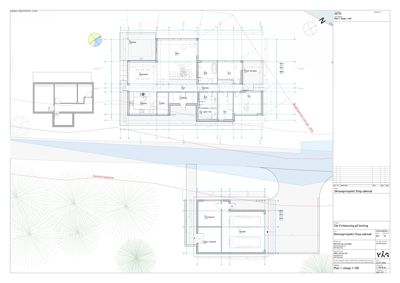Etasjeplan (1. etasje) for en fritidseiendom med romfordeling, dimensjoner og situasjonsplan.