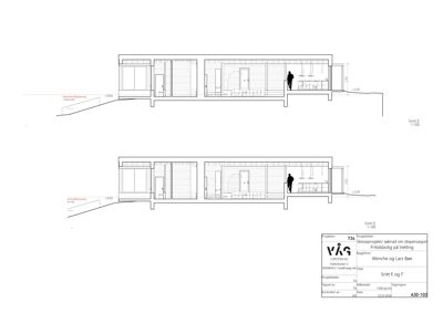 Snittegning (Snitt E og F) som viser bygningens tverrsnitt, høyder, innvendig oppdeling og relasjon til terreng.