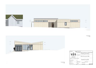 Fasadetegning som viser bygningens utseende fra sør og øst, inkludert materialvalg, vindusoppsett og terrengforhold.