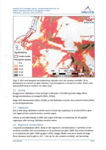 Kart over et fjellområde med overlagte data om terrenghelling, geologi og vegetasjon.