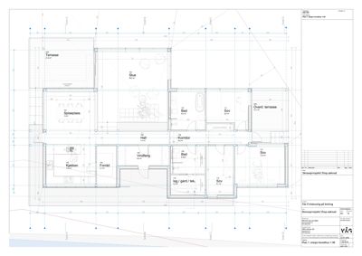 Etasjeplan (skisseprosjekt) som viser romfordeling, dimensjoner og areal for et hus.