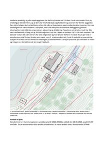 Situasjonsplan som viser eksisterende og planlagt bebyggelse (bolig, garasje, naust) på eiendommen, med topografi, vei og avkjørsel.