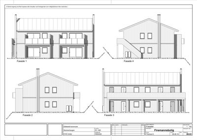 Tegning som viser fire forskjellige fasader (Fasade 1, 2, 3 og 4) av en bolig.