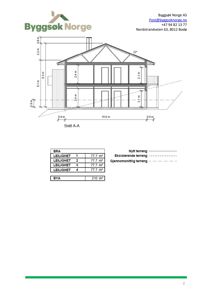 Snittegning (Snitt A-A) av en bygning med mål og etasjeplan.