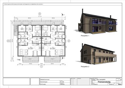Bildet viser et etasjeplan (1.etg) for en firemannsbolig, inkludert romfordeling, mål og en 3D-perspektivvisning av bygningen.