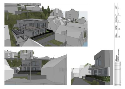 Bildet viser 3D-visualiseringer (renderinger) av et planlagt hus og omgivelsene, inkludert nabolag.
