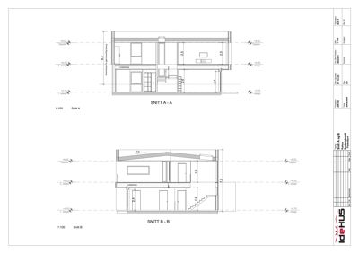 Tegning som viser tverrsnitt (snitt) av en bygning, med høydeangivelser og romfordeling.