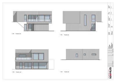 Bildet viser fire fasadetegninger (nord, sør, vest, øst) av en planlagt bygning.