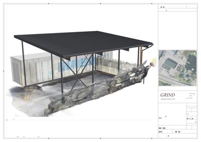3D-visualisering av en nybyggd eller planlagt struktur (en takkonstruksjon) sett i forhold til eksisterende omgivelser (steinmur, container).
