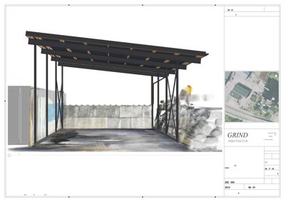 3D-visualisering av en planlagt overbygg eller carport sett fra siden, med en tilhørende situasjonsplan i høyre hjørne.