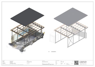 3D-visualisering (rendering) som viser etasjeplan og fasadeoppsett for en bygning. Bildet er merket som 'Illustrasjon Akso'.