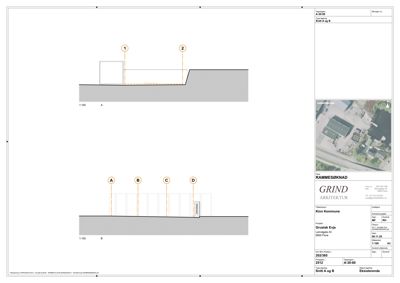 Snittegning (Snitt A og B) som viser bygningens tverrsnitt, høyder og grunnplan.