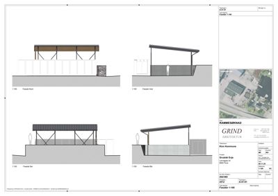 Fasadetegning som viser bygningens utseende fra fire ulike vinkler (Nord, Vest, Sør, Øst) med skala 1:100.