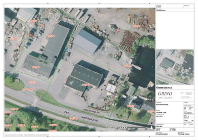 Situasjonsplan som viser tomtens beliggenhet, nabolag, veier og eksisterende bygninger.