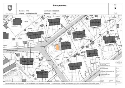 Situasjonskart som viser eiendomsnummer, bygningstilhørighet og nabolag i Undelstadveien 84D.