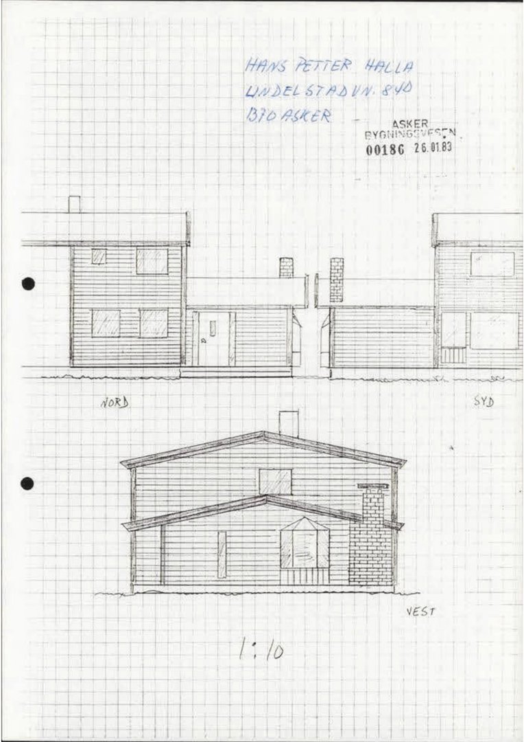 Håndtegnet fasadetekning av en bolig med oppriss av Nord-, Syd- og Vest-fasade.