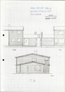Håndtegnet fasadetekning av en bolig med oppriss av Nord-, Syd- og Vest-fasade.