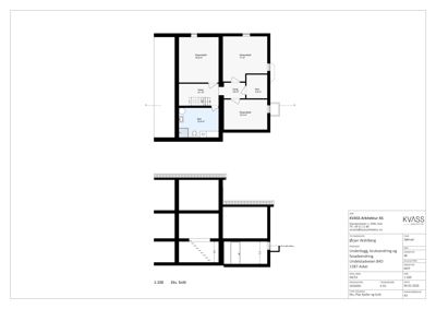 Et snittegning (tverrsnitt) av en bygning som viser etasjeskille og trapp.
