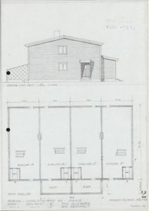 Bildet viser en tegning med to deler: øverst en fasadetegning og nederst et etasjeplan (eller kjellerplan) med romfordeling og mål.