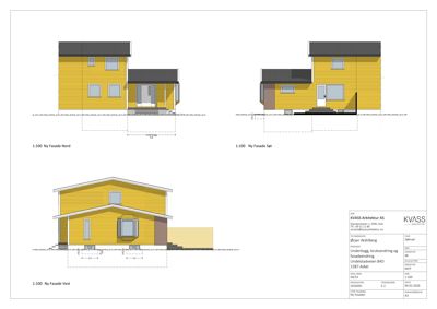 Fasadetegning som viser tre utsikter (Nord, Sør, Vest) av en gul fargelegget bygning med nye vinduer og en utvidelse.