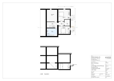 Snittegning (Ny Snitt A) som viser tverrsnittet av bygningen med romfordeling og trapp.
