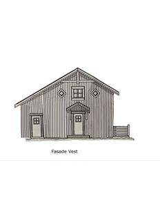 Tegning som viser fasaden mot vest på en bygning, med detaljer om vinduer, dører og takform.