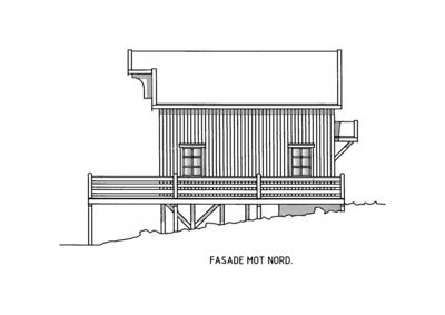 En tegning som viser fasaden mot nord på en bygning, inkludert vinduer, balkong og takform.