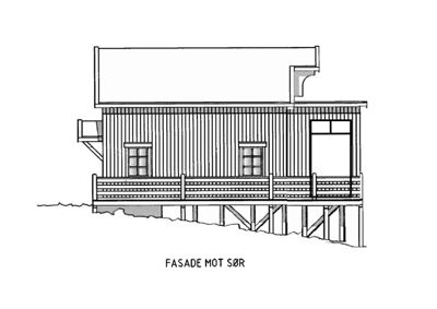 Tegning som viser fasaden mot sør for en bygning på stolper, inkludert vinduer, balkong og takform.