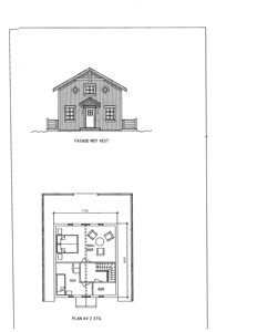 Bildet viser en tegning med en fasade mot vest og en plan av 2. etasje.
