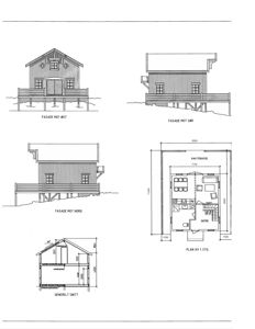 Bildet viser en samling tegninger for en hytte, inkludert fasadeopprikk mot øst, sør og nord, samt et snitt og et etasjeplan.