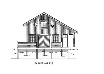 En tegning som viser fasaden mot øst for en bygning, inkludert vinduer, dører, veranda og konstruksjon.
