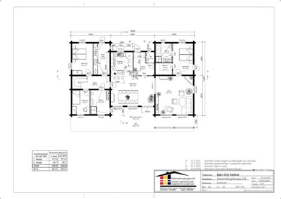 Etasjeplan for 1. og 2. etasje av en bolig, med romfordeling, dimensjoner og arealoppsummering.