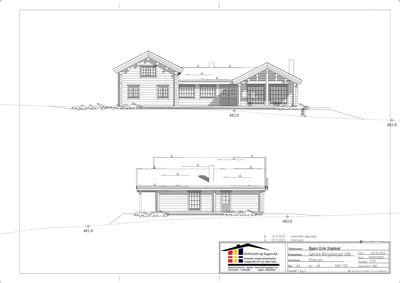 Fasadetegning som viser bygningens utseende fra front og side, med høydemål (481.0 og 482.0) og detaljer om takform, vinduer og inngang.