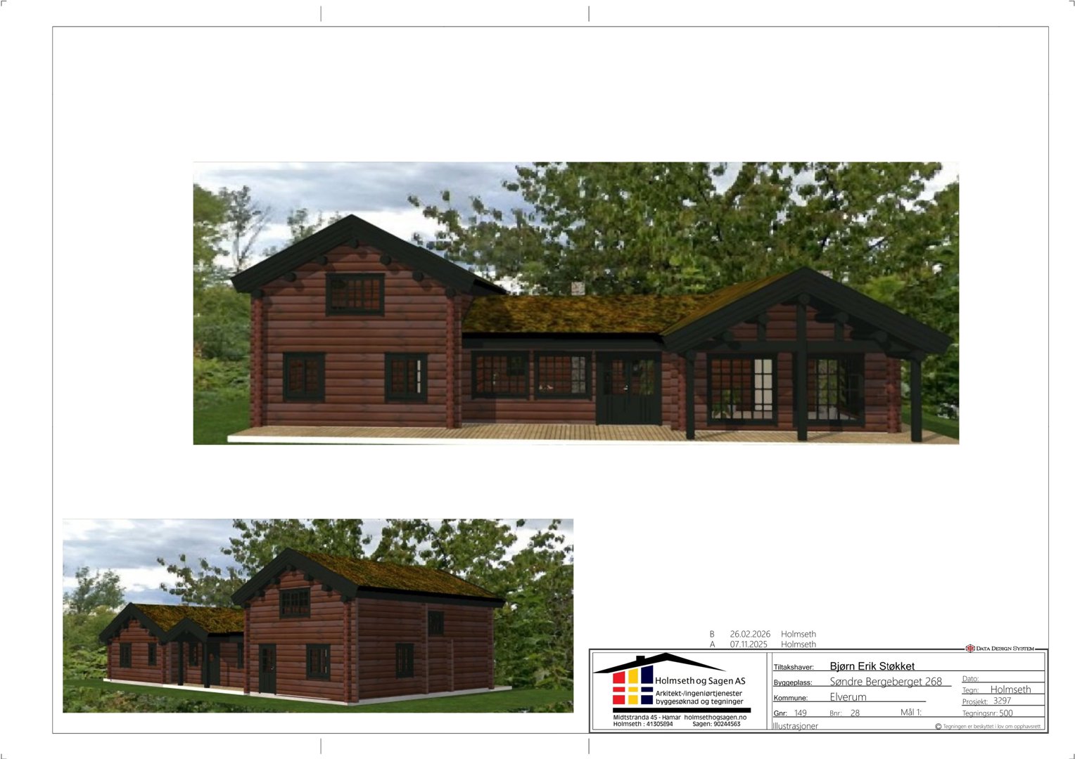 3D-visualisering av en planlagt hytte sett fra ulike vinkler (perspektiv og sidevisning).