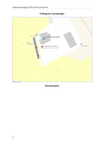 Situasjonsplan som viser tomtens beliggenhet, omgivende infrastruktur (veier, vannverk) og plassering av bygninger.