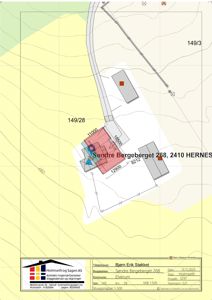 Situasjonsplan som viser tomtens form, grenser (149/28), eksisterende bygninger og planlagt nybygning med mål.