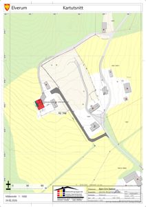 Situasjonsplan (kartutsnitt) som viser tomtens beliggenhet, høydekurver, eksisterende og planlagte bygninger samt ny vei.