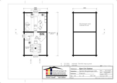 Etasjeplan (loftsplan) med romfordeling, dimensjoner og arealoppdeling for en bolig.