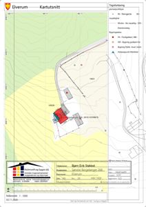Situasjonsplan (kartutsnitt) som viser bygningens plassering i forhold til nabolag, terreng og eiendomsgrenser.