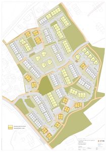 Etasjeplan eller illustrasjonsplan som viser romfordeling og bygningstyper i et boligprosjekt.