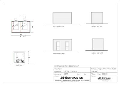 Bildet viser fasadetegninger for en bygning, inkludert utsikt fra fire sider (NORD, SØR, ØST, VEST) og et snitt.