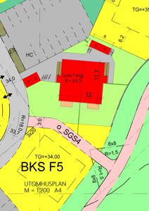 Situasjonsplan (tomteplan) som viser bygningens plassering i forhold til veier, nabotomter og høydemål (TG).