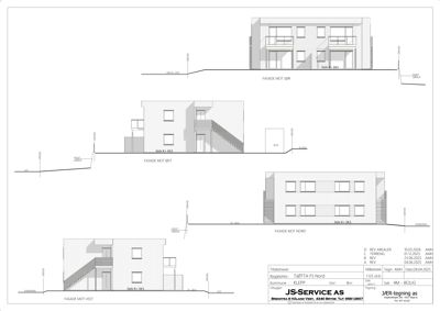 Fasadetegning som viser bygningens utseende fra fire sider (vest, nord, øst, sør) med høydeangivelser.