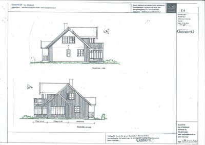 Fasadetegning som viser bygningens utseende fra to ulike vinkler (for- og sidefasade) med detaljer om takform, vinduer og materialer.