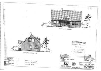 Fasadetegning som viser bygningen sett fra to ulike vinkler (Nord-Øst og Nord-Vest).